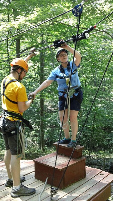 Kathy_hooked_to_a_zipline